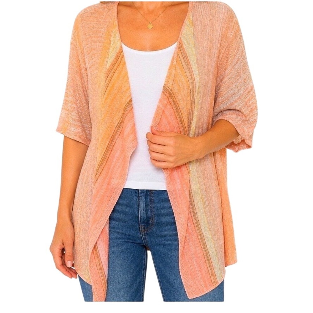 Ruby Rd Womens XL Cardigan Peach Orange Gold Metallic Shimmer Open Front Knit